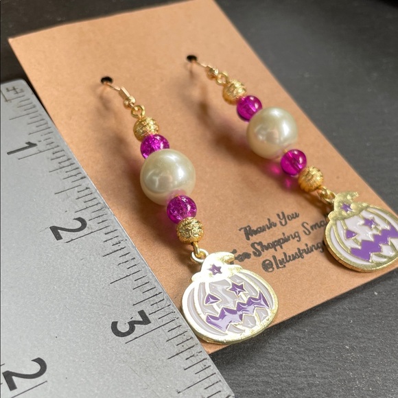 Gold Pink And Purple Pumpkin Dangle Earrings - Picture 8 of 8